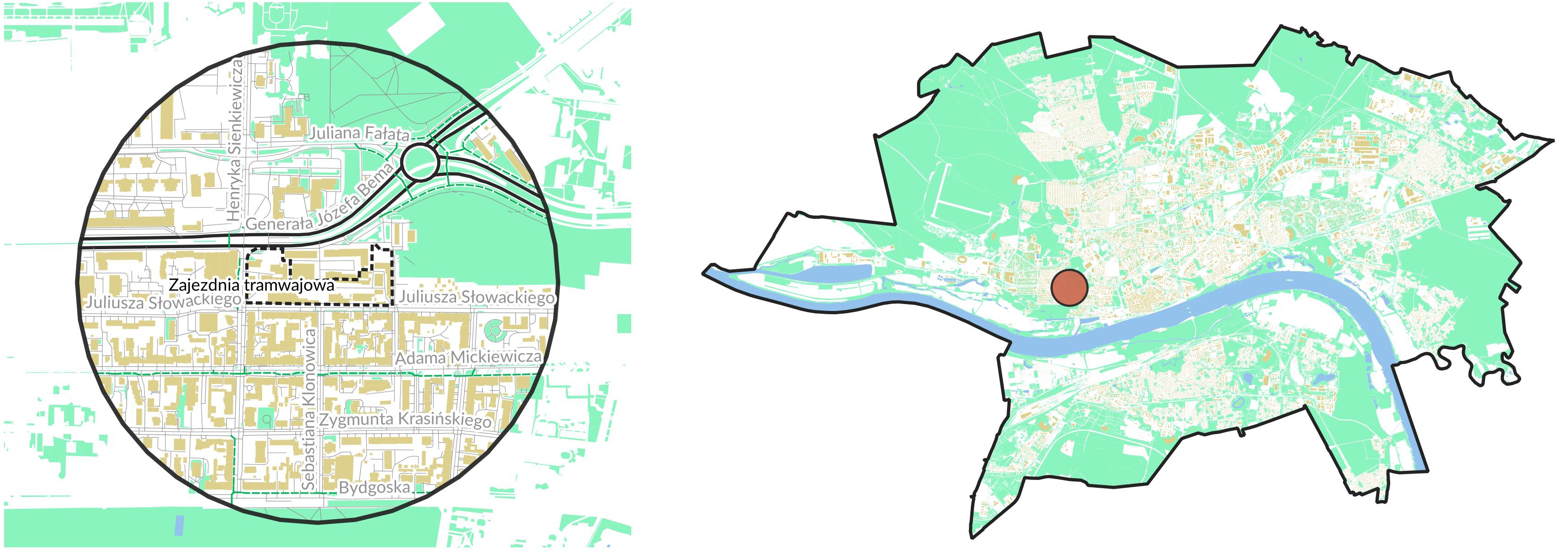 Mapa obszaru badań w okręgu, obok mapa miasta z zaznaczoną lokalizacją okręgu